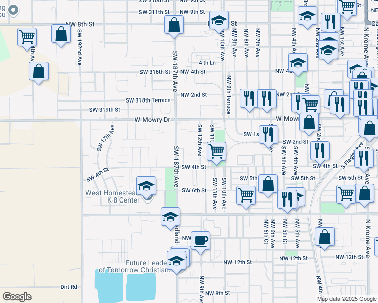 map of restaurants, bars, coffee shops, grocery stores, and more near 1273 Southwest 3rd Street in Homestead