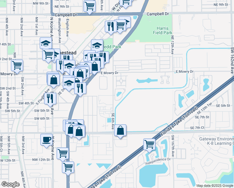 map of restaurants, bars, coffee shops, grocery stores, and more near 301 Southeast 6th Avenue in Homestead