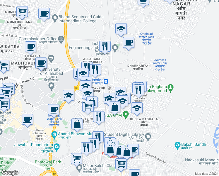 map of restaurants, bars, coffee shops, grocery stores, and more near Ram Priya Road in Allahabad
