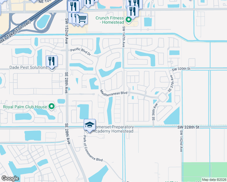map of restaurants, bars, coffee shops, grocery stores, and more near 3150 Southeast 3rd Drive in Homestead