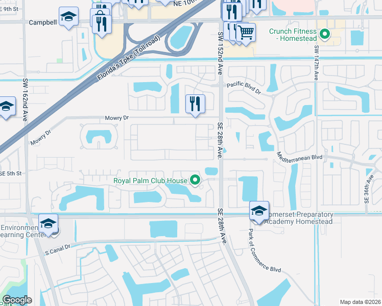 map of restaurants, bars, coffee shops, grocery stores, and more near 2593 Southeast 3rd Street in Homestead