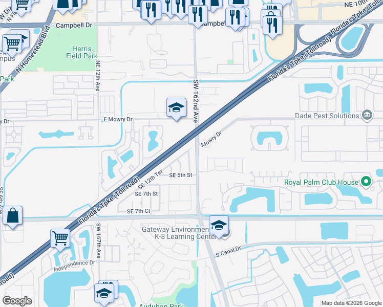 map of restaurants, bars, coffee shops, grocery stores, and more near 409 Southeast 17th Avenue in Homestead