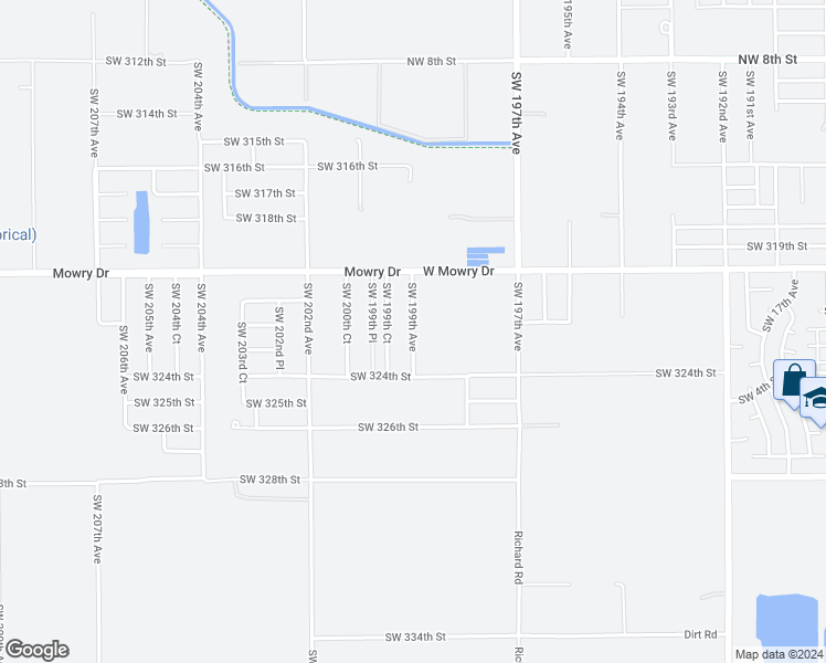 map of restaurants, bars, coffee shops, grocery stores, and more near 32240 Southwest 199th Avenue in Homestead