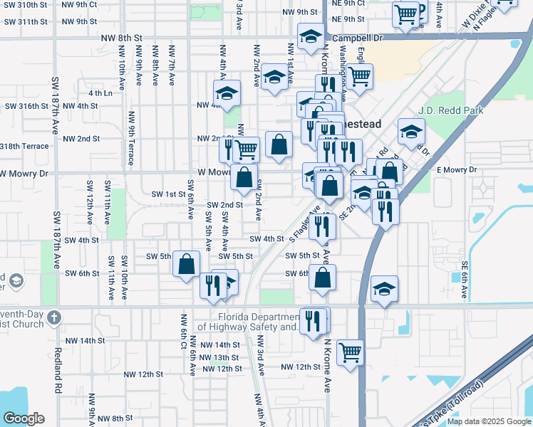 map of restaurants, bars, coffee shops, grocery stores, and more near 143 Southwest 3rd Court in Homestead
