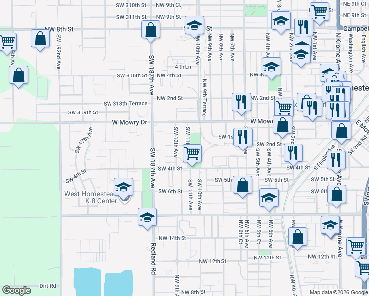 map of restaurants, bars, coffee shops, grocery stores, and more near 301 Southwest 12th Avenue in Homestead