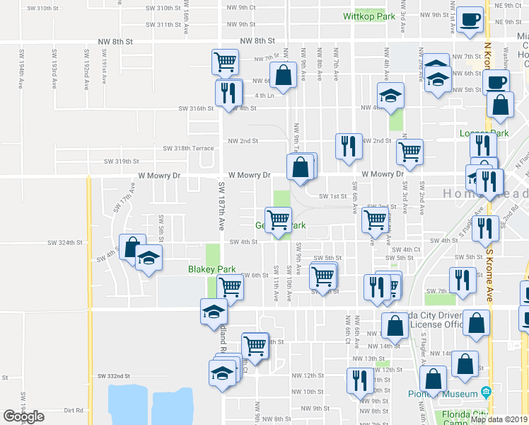 map of restaurants, bars, coffee shops, grocery stores, and more near 301 Southwest 12th Avenue in Homestead