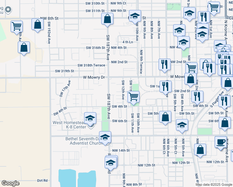map of restaurants, bars, coffee shops, grocery stores, and more near 1273 Southwest 3rd Street in Homestead