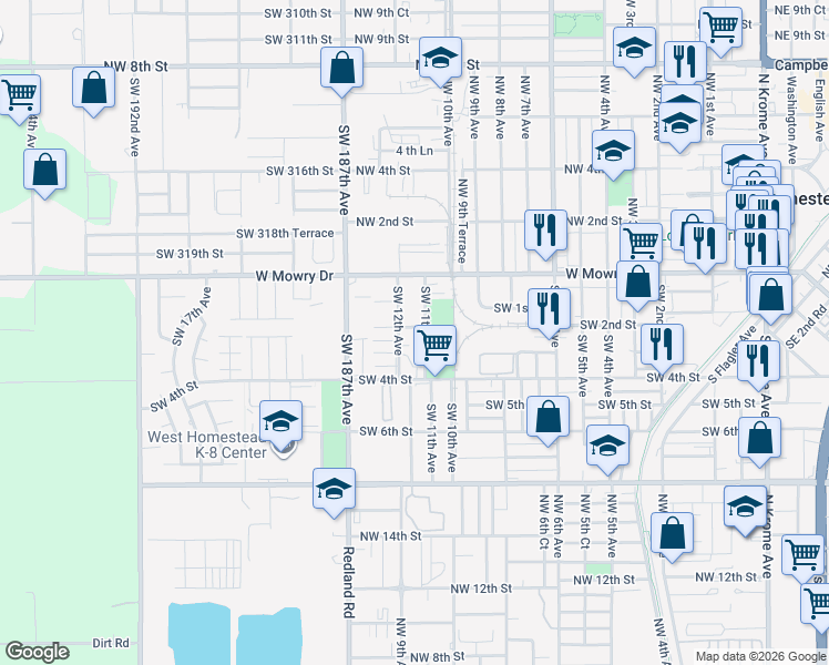 map of restaurants, bars, coffee shops, grocery stores, and more near 1109 Southwest 2nd Street in Homestead