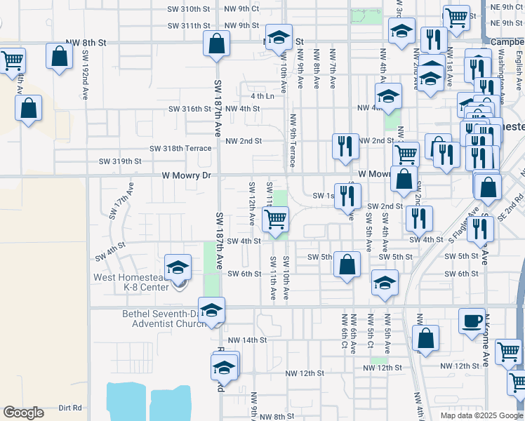map of restaurants, bars, coffee shops, grocery stores, and more near 151 Southwest 12th Avenue in Homestead