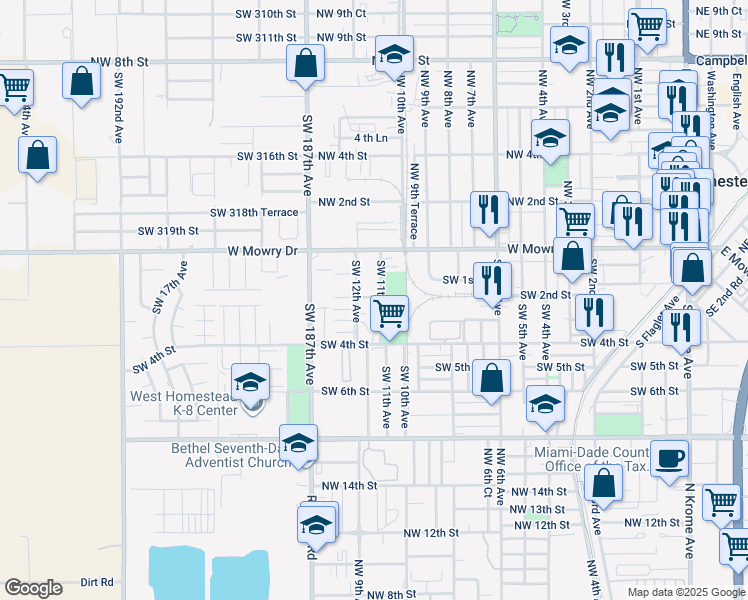 map of restaurants, bars, coffee shops, grocery stores, and more near 151 Southwest 12th Avenue in Homestead