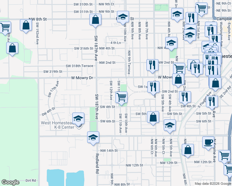 map of restaurants, bars, coffee shops, grocery stores, and more near 151 Southwest 12th Avenue in Homestead