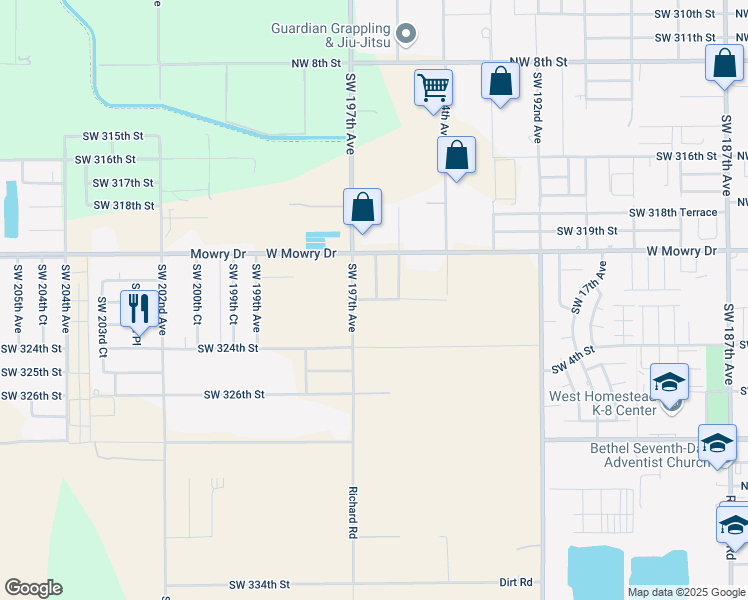 map of restaurants, bars, coffee shops, grocery stores, and more near 32151 Southwest 197th Avenue in Homestead