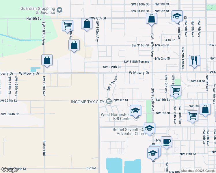 map of restaurants, bars, coffee shops, grocery stores, and more near 85 Southwest 17th Terrace in Homestead