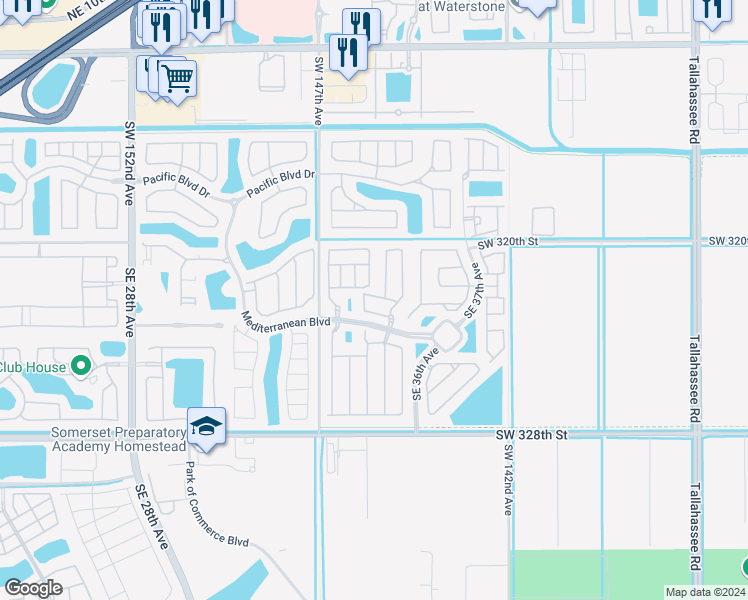 map of restaurants, bars, coffee shops, grocery stores, and more near 190 Southeast 34th Place in Homestead