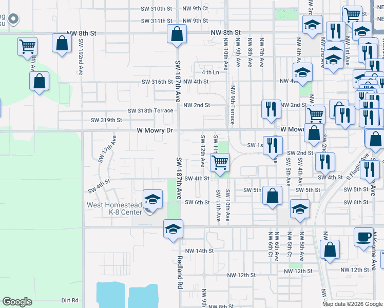 map of restaurants, bars, coffee shops, grocery stores, and more near 175 Southwest 14th Avenue in Homestead