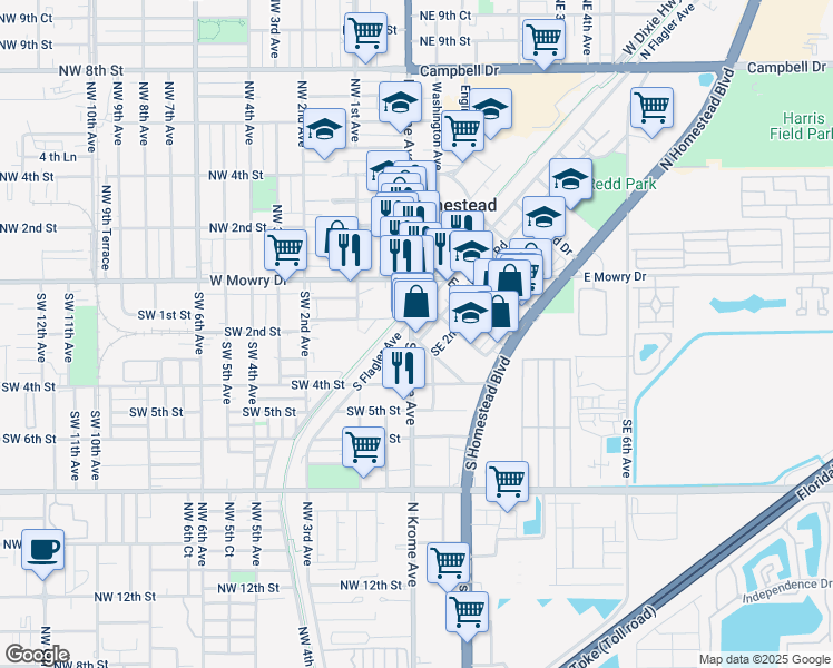 map of restaurants, bars, coffee shops, grocery stores, and more near 306 Southeast 1st Avenue in Homestead