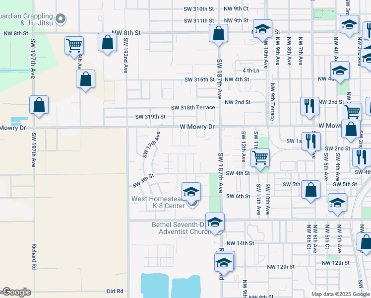 map of restaurants, bars, coffee shops, grocery stores, and more near 1548 Southwest 2nd Street in Homestead