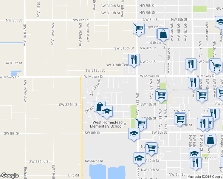 map of restaurants, bars, coffee shops, grocery stores, and more near 1580 Southwest 2nd Street in Homestead