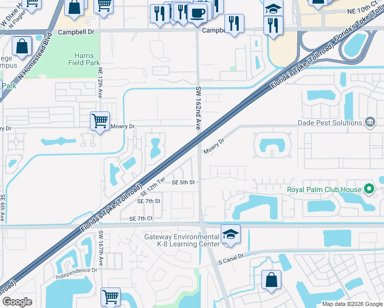 map of restaurants, bars, coffee shops, grocery stores, and more near 400 Southeast 12th Terrace in Homestead