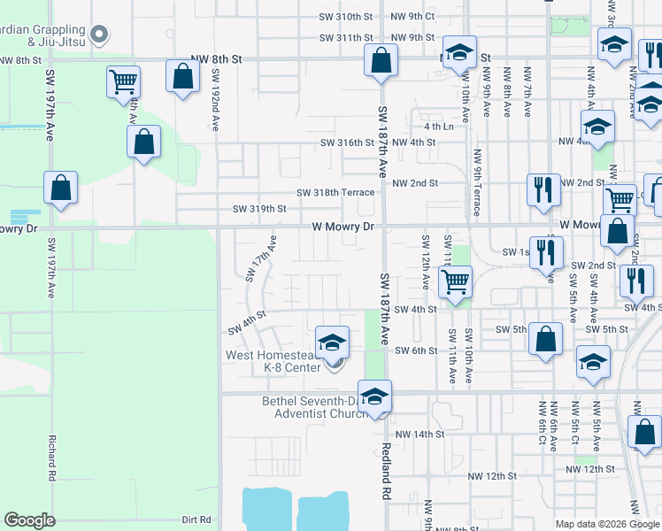 map of restaurants, bars, coffee shops, grocery stores, and more near 161 Southwest 15th Terrace in Homestead