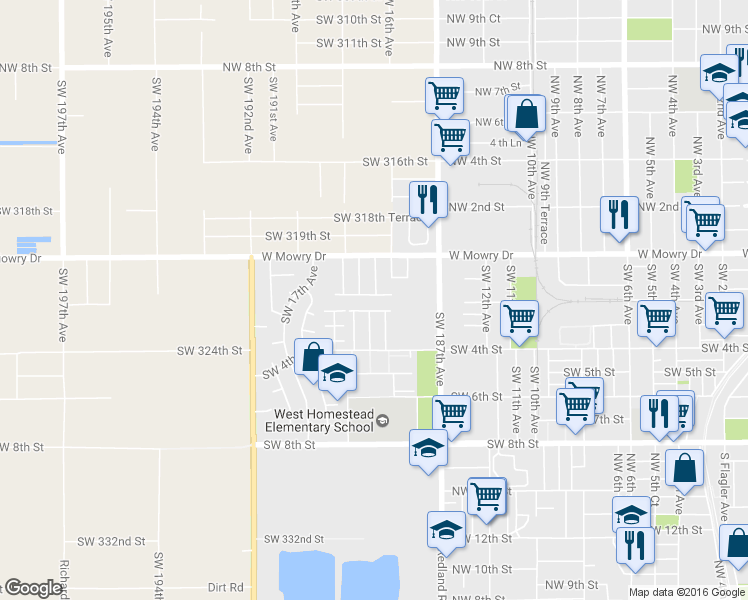 map of restaurants, bars, coffee shops, grocery stores, and more near 1536 Southwest 2nd Street in Homestead