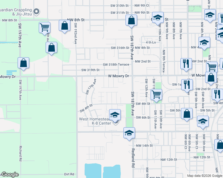 map of restaurants, bars, coffee shops, grocery stores, and more near 161 Southwest 15th Terrace in Homestead