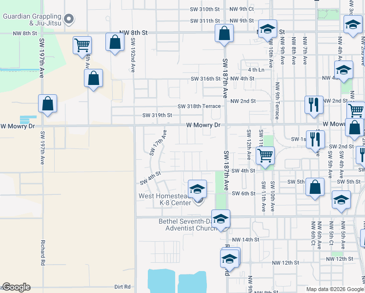 map of restaurants, bars, coffee shops, grocery stores, and more near 1584 Southwest 2nd Street in Homestead