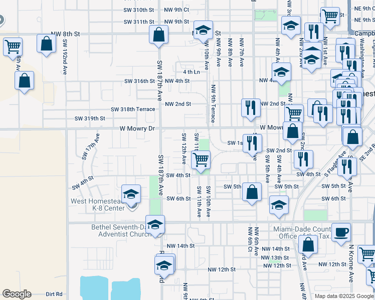 map of restaurants, bars, coffee shops, grocery stores, and more near 151 Southwest 12th Avenue in Homestead