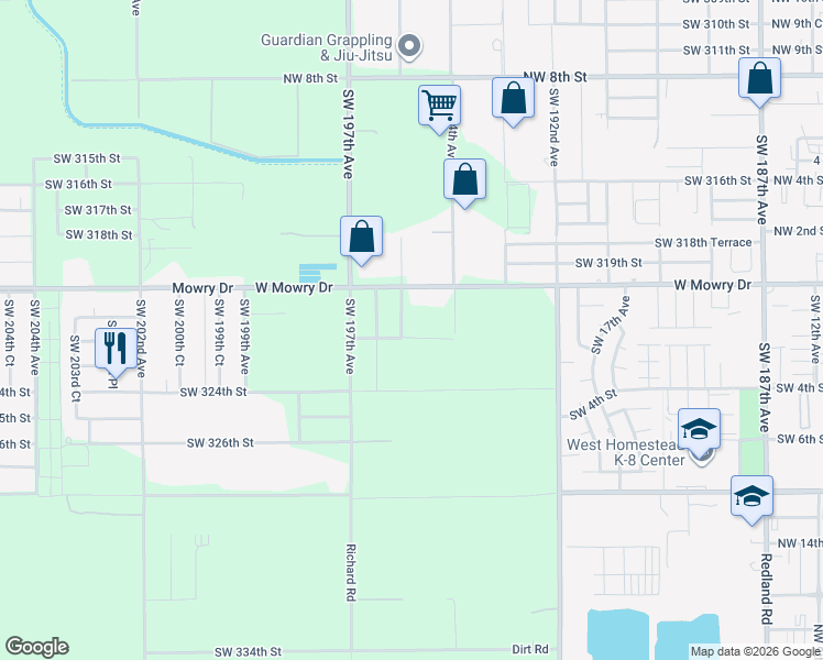 map of restaurants, bars, coffee shops, grocery stores, and more near 32185 Southwest 195th Avenue in Homestead