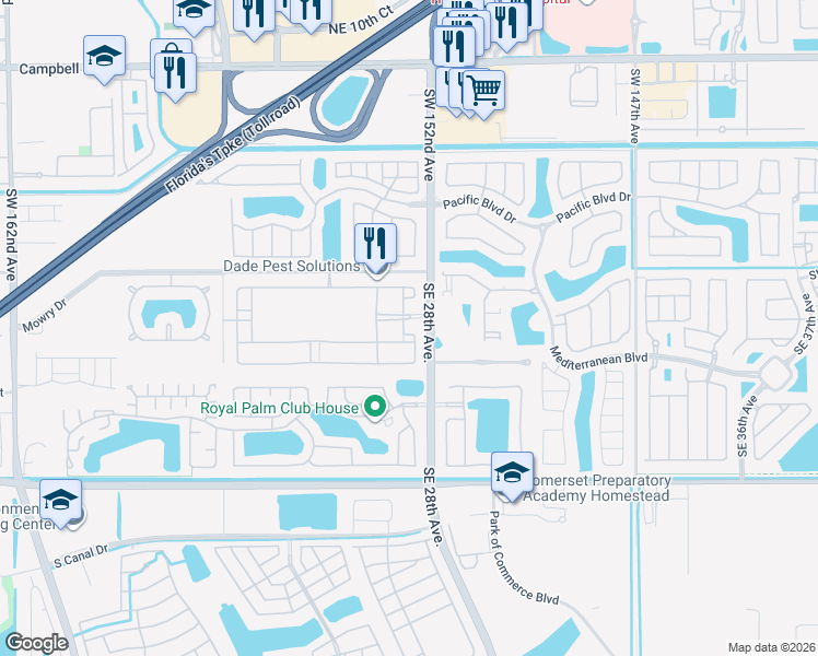 map of restaurants, bars, coffee shops, grocery stores, and more near 2715 Southeast 1st Drive in Homestead