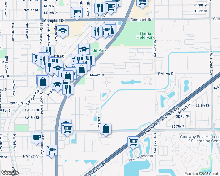 map of restaurants, bars, coffee shops, grocery stores, and more near 761 Southeast 2nd Street in Homestead
