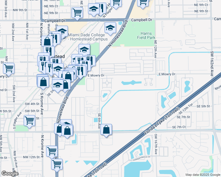 map of restaurants, bars, coffee shops, grocery stores, and more near 761 Southeast 2nd Street in Homestead
