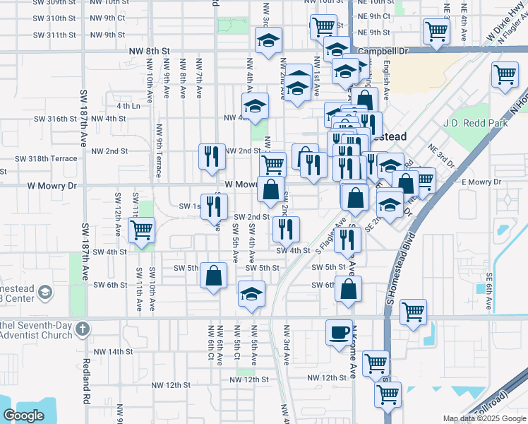 map of restaurants, bars, coffee shops, grocery stores, and more near 146 Southwest 3rd Avenue in Homestead