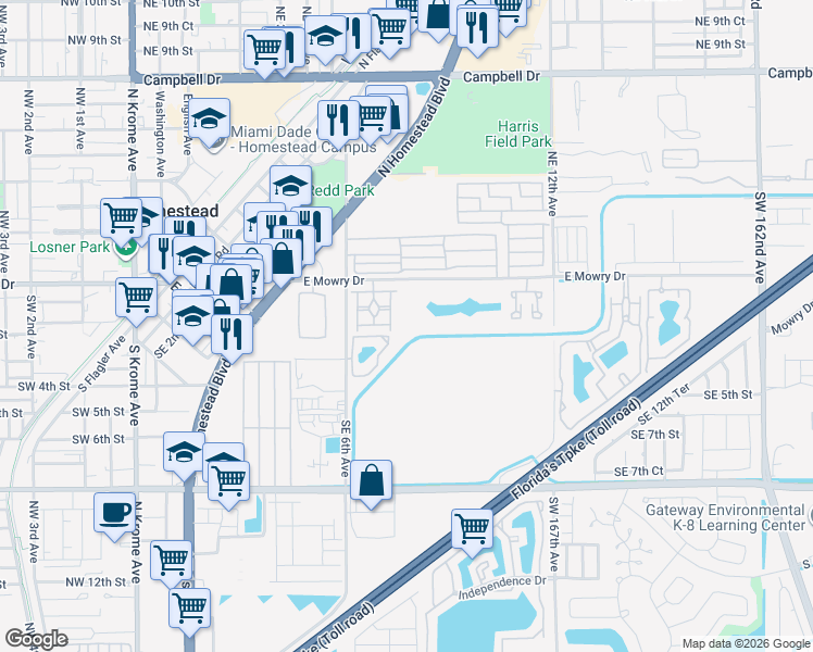 map of restaurants, bars, coffee shops, grocery stores, and more near 816 East Mowry Drive in Homestead