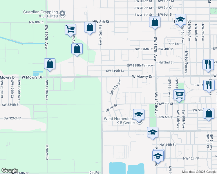 map of restaurants, bars, coffee shops, grocery stores, and more near 85 Southwest 17th Terrace in Homestead