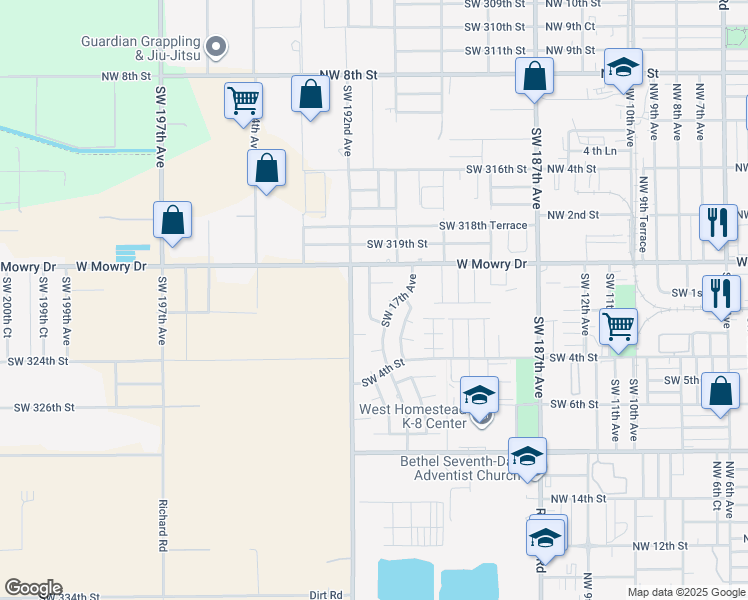 map of restaurants, bars, coffee shops, grocery stores, and more near 85 Southwest 17th Terrace in Homestead