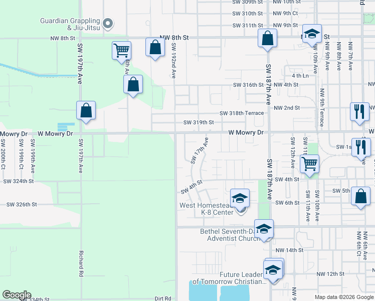 map of restaurants, bars, coffee shops, grocery stores, and more near 85 Southwest 17th Terrace in Homestead