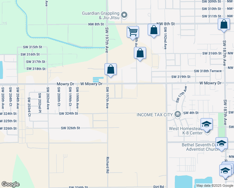 map of restaurants, bars, coffee shops, grocery stores, and more near 32100 Southwest 195th Avenue in Homestead