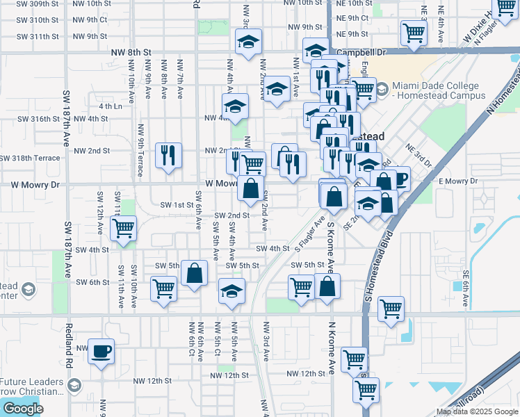 map of restaurants, bars, coffee shops, grocery stores, and more near 186 Southwest 1st Street in Homestead