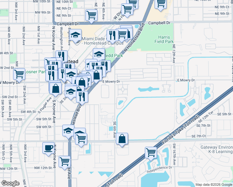 map of restaurants, bars, coffee shops, grocery stores, and more near 160 Southeast 6th Road in Homestead