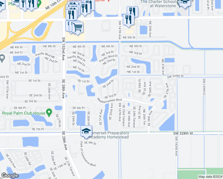 map of restaurants, bars, coffee shops, grocery stores, and more near 252 Southeast 32nd Avenue in Homestead