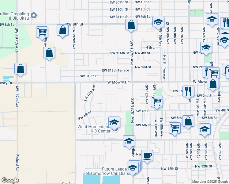 map of restaurants, bars, coffee shops, grocery stores, and more near 161 Southwest 15th Terrace in Homestead
