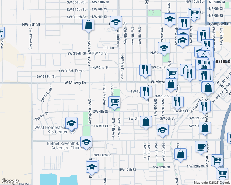 map of restaurants, bars, coffee shops, grocery stores, and more near 201 Southwest 11th Avenue in Homestead