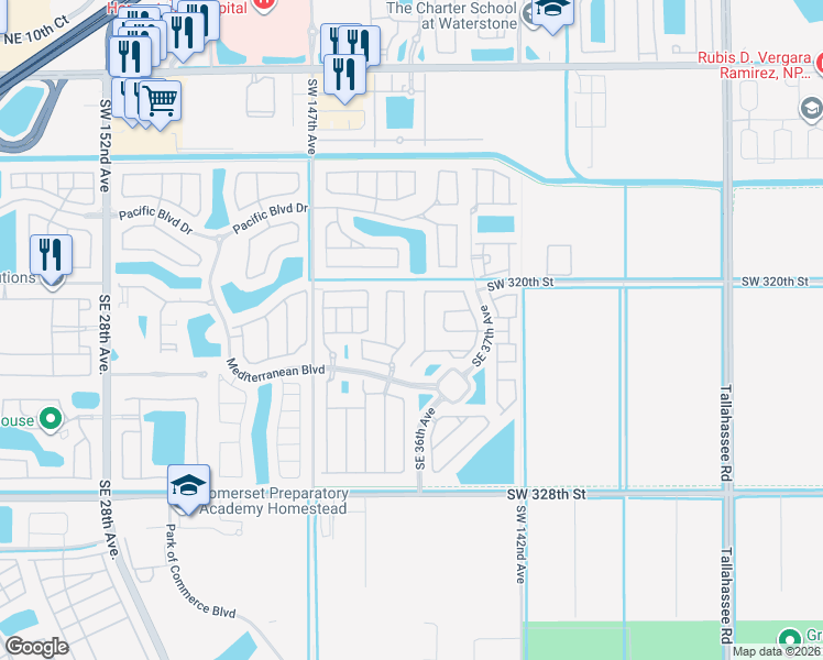 map of restaurants, bars, coffee shops, grocery stores, and more near 164 Northeast 36th Terrace in Homestead