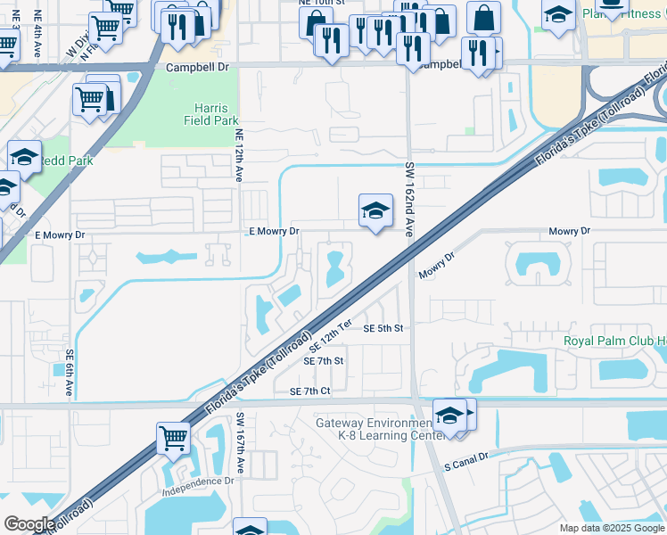 map of restaurants, bars, coffee shops, grocery stores, and more near 1500 East Mowry Drive in Homestead