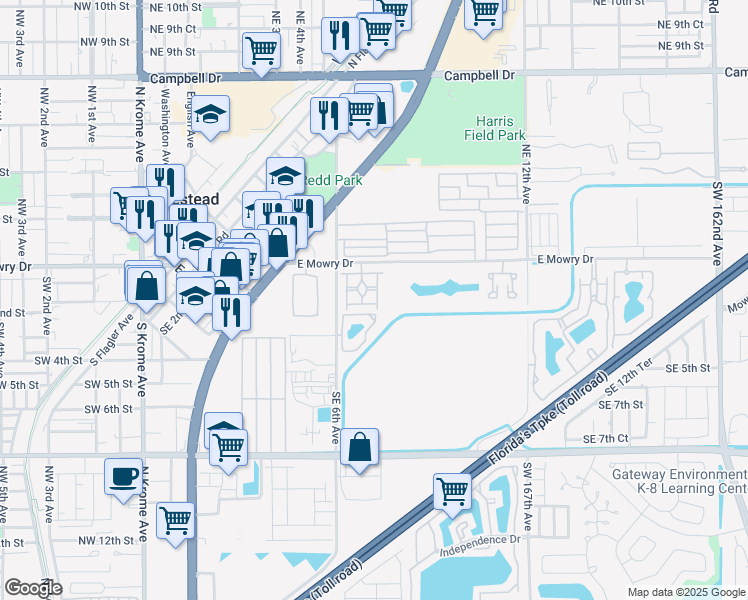 map of restaurants, bars, coffee shops, grocery stores, and more near 761 Southeast 2nd Street in Homestead