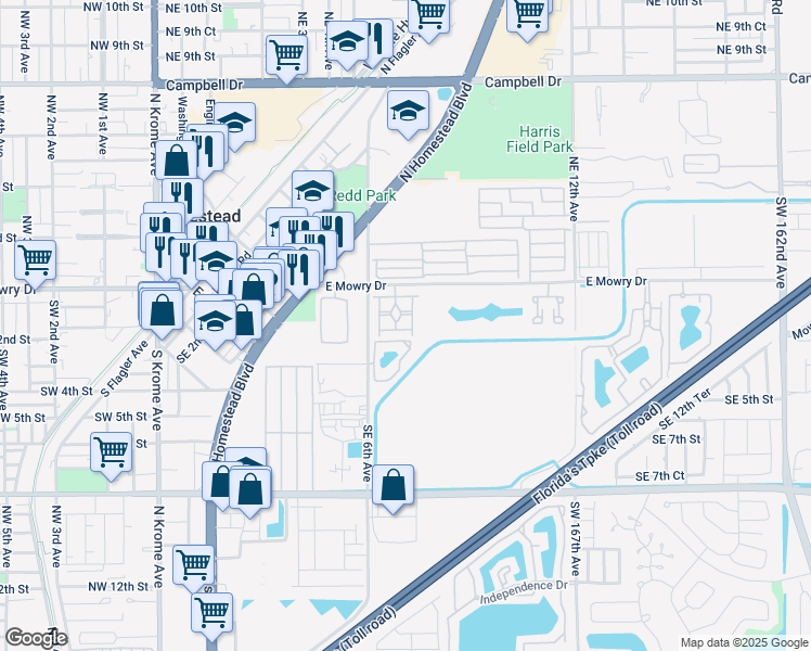 map of restaurants, bars, coffee shops, grocery stores, and more near 761 Southeast 2nd Street in Homestead