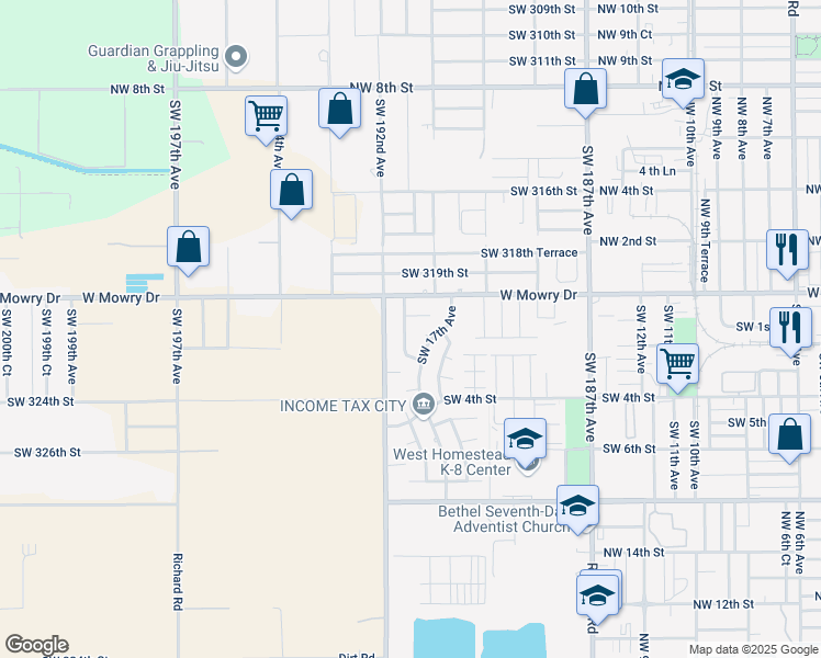 map of restaurants, bars, coffee shops, grocery stores, and more near 85 Southwest 17th Terrace in Homestead