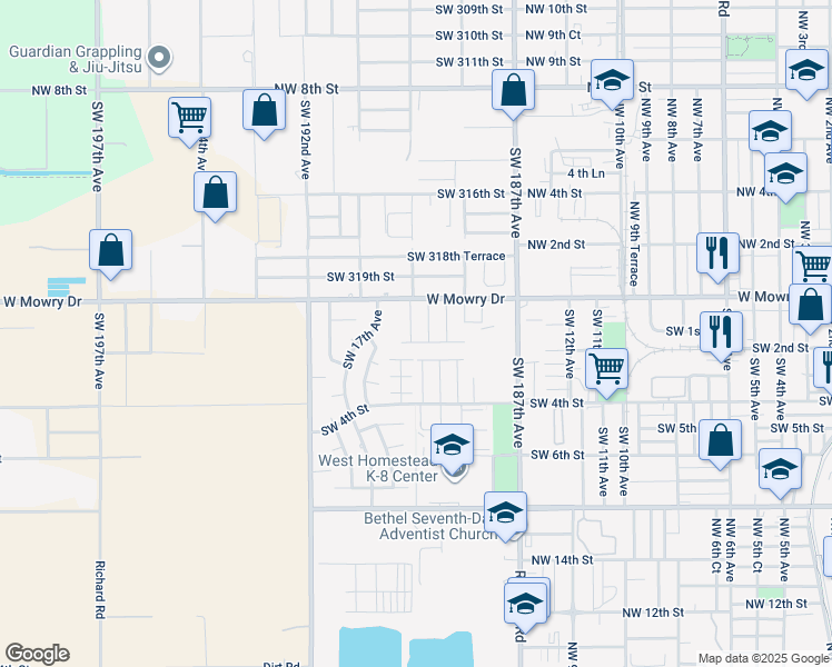 map of restaurants, bars, coffee shops, grocery stores, and more near 149 Southwest 16th Avenue in Homestead