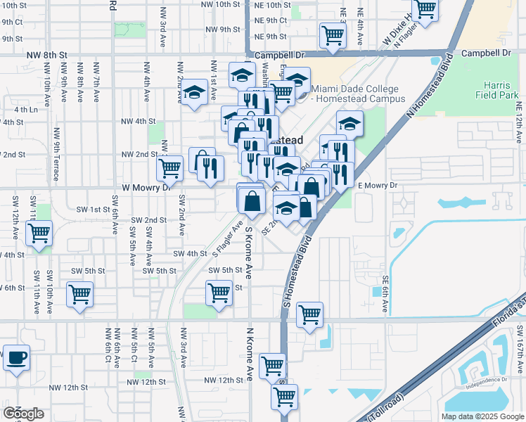 map of restaurants, bars, coffee shops, grocery stores, and more near 306 Southeast 1st Avenue in Homestead